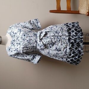 Kaktus Front Pleated Shirt Dress White & Splattered Blues Belted & Pockets M